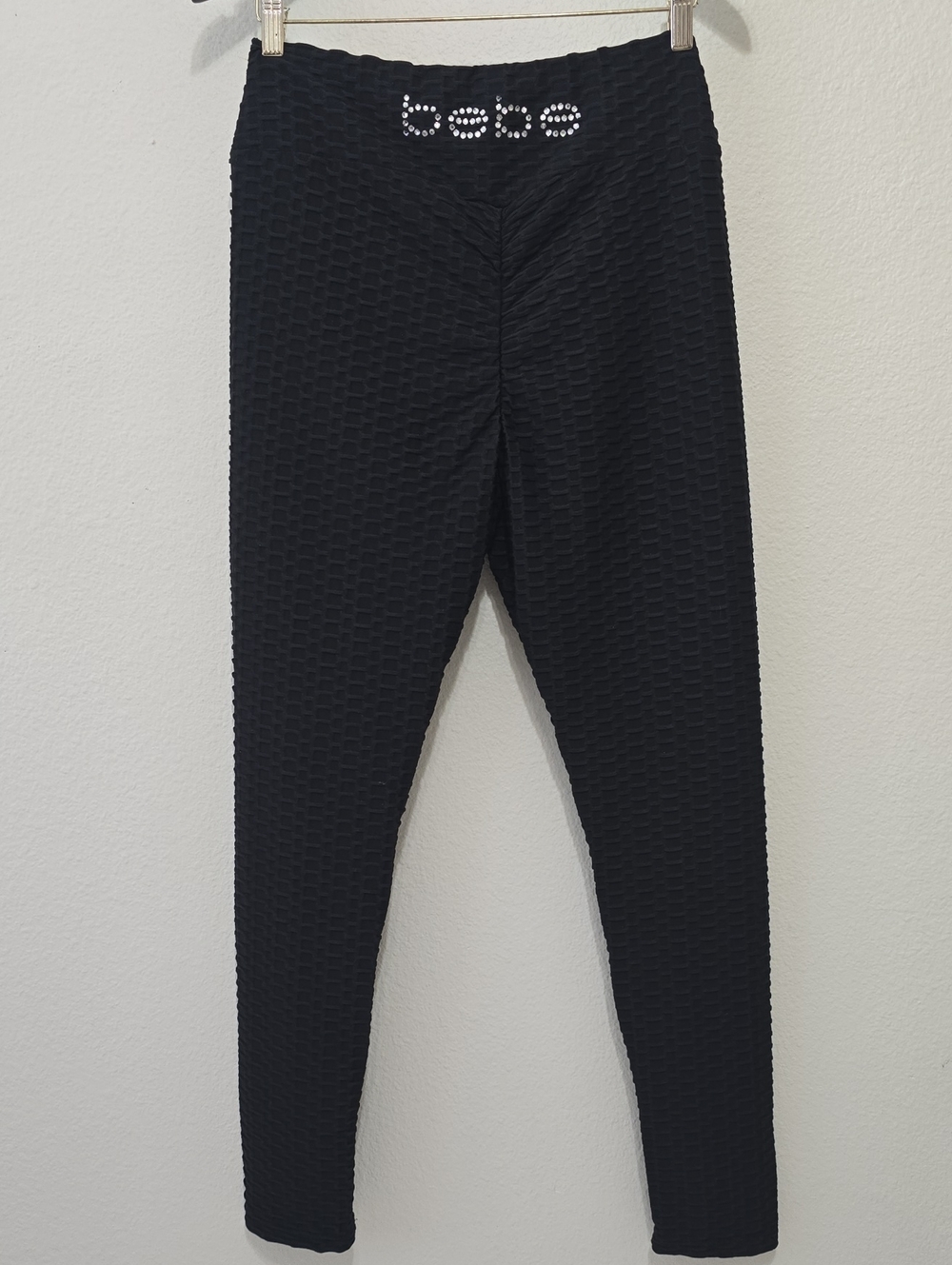 bebe Black Textured High-Rise Leggings with Rhinestone Logo Detail L